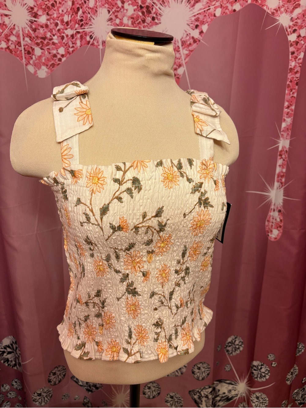 Off-White Floral Smocked Camisole in White & Pink